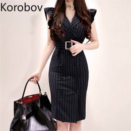 Korobov New Chic Women OL Elegant Dresses Korean Double Breasted Slim Ruffles Sleeveless Dress Vintage Striped Vestidos Mujer 210430