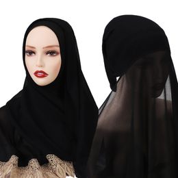 New Women Muslim Lace Black Jersey Hijabs Hooded Long Chiffon Islamic Shawl Head Scarf Underscarf Cap
