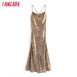 Fashion Women Leopard Print Strap Sleeveless Backless Back Zipper Female Sexy Long Dress 3H275 210416