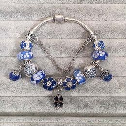 Fashion 925 Sterling Silver Blue Murano Lampwork Glass & European Charm Beads Four Leave Clover Crystal Dangle Fits Pandora Charm Bracelets Necklace B8