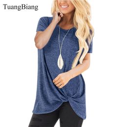 Spring Summer Round Neck Pleated T Shirts Woman Short Sleeve Knot Colored cotton Tee Shirts Female Plus size New Basic Tops 210401