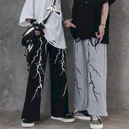 Men's casual pants dark lightning print loose all-match retro high street straight wide-leg sports mens autumn 211201