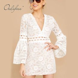 Spring Summer Women Mini Party Long Sleeve Sexy Bodycon White Lace Short Dress 210415