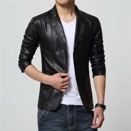 Fashion Men's Casual Boutique Suit Leather Jacket / Male Solid Colour Business Collar PU Blazers Long Sleeve Dress Coat 211110