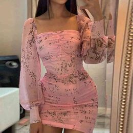 Floral Print Dresses Women Long Sleeve Square Neck Floral Dress Fashion Office Lady Sexy Dress Shirt Bodycon Party Vestidos 210415