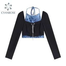 Women's Fake 2 Pieces Spliced Crop T Shirt Sexy Slim Backless Lace Up Tees Cardigan Cross Chain Long Sleeve Streetwear Pop Tops 210515