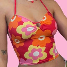 Harajuku Flora Pattern BacklSexy Crop Tops 2000s Aesthetics Bandage Halter Red Tank Tops Summer Fashion Cute Outfits X0507