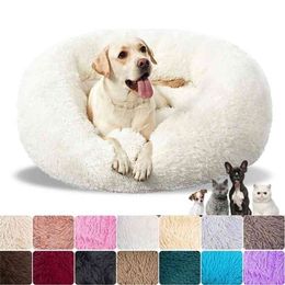 Dog Round Long Plush Dog Beds for Large Dogs Cushion Super Soft Fluffy Comfortable Washable Pet Calming Bed Lit pour chien 210915