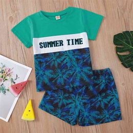 Summer Children Sets Casual Short Sleeve O Neck Letter Patchwork T-shirt Print Coconut Tree 2Pcs Boys Clothes 210629