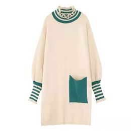 Autumn Winter Women Turtleneck Long Sweater and Pullovers Pockets Patchwork Korean Kawaii Knit Jumpers robe pull 210430