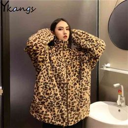Leopard Print Loose Plush Casual Women'S Jacket Korean Style Autumn Winter Clothing Thick Warm Zipper Sweatshirt Female Coat 210421