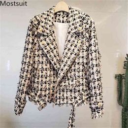 Autumn Winter Vintage Elegant Tweed Women Coats Jackets Long Sleeve Turn-down Collar Belted Fashion Slim Ladies Tops 210513