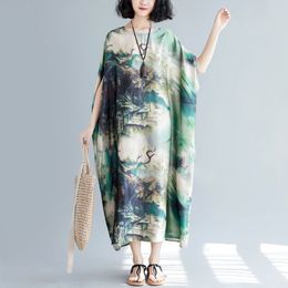 Johnature Women Chinese Style Dresses Plus Size Summer Clothing O-Neck Bat Sleeve Vintage Women Dresses 210521