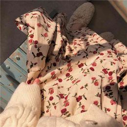 Corduroy High Waist Winter Long Skirts A-line Women Flower Print Maxi Female Vintage pleated Cute Girls Streetwear 210421