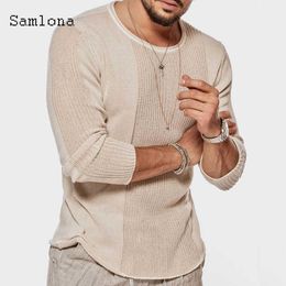 Samlona Knitting Sweater Mens Autumn New Leisure Casual Long Sleeve Pleated Top Pullovers Sweaters Khaki Gray Men Clothing 2020 Y0907