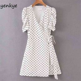 Women Vintage Polka Dot Wrap Dress Sexy Lady Cross V Neck Puff Sleeve A-line Mini Summer SDP9250 210514