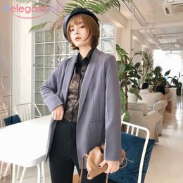 Aelegantmis Vintage Grey Women Casual Blazer Loose Long Sleeve Work Suit Coat Jacket Office Lady Female Cardigan Leisure Blazers 210607