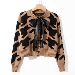PERHAPS U Women Houndtooth Sweater Knitted Long Sleeve Khaki Beige Cardigans O-neck Bow M0472 210529