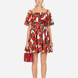 Sexy Off Shoulder Rose Floral Print Short Summer Women's Slash Neck Charming Flower Holiday Spaghetti Strap Dress 210416