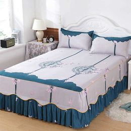 3 Pcs Bedding Set Fitted Sheet Bed with Skirt Linen Sheets Printing Fitted Bed Sheet For Home Mattress Cover With Pillowcases 210626