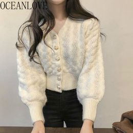 Autumn Solid Mujer Chaqueta V Neck Elegant Single Beasted Short Sweet Sweaters Women Cardigans Knitted 18772 210415