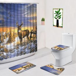 Shower Curtains Elk Snow Curtain 4Pcs Set Oil Painting Animal Flowers Anti-Slip Carpet Bath Mat Toilet Christmas Bathroom Decoration Rugs