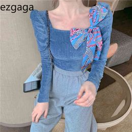 Ezgaga Undefined Elegant Party Blouse Women Bowknot Lace Up Square Collar Long Sleeve Basic Korean Fashion Shirts Office Lady 210430