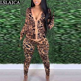 2 Piece Sets Womens Outfits V Neck Ladies Tops&long Pants Leopard Print Casual 2 Homewear 2 PCS 210515