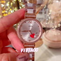 Romantic crystal red heart calendar watch lady zircon Quartz cz Diamond Ceramic Watch sweet heart couples Ceramica clock 33mm