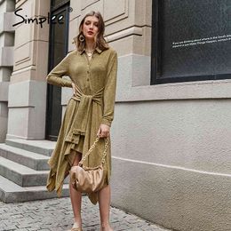 Office lady yellow autumn winter fashion high waist long sleeve a-line women Lace up causal solid dress 210414