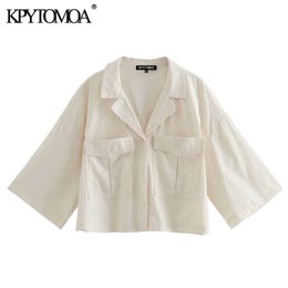 Women Fashion With Pockets Oversized Cropped Blouses Short Sleeve Side Vents Female Shirts Chic Tops 210420