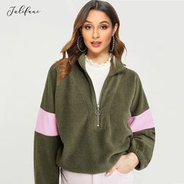 Fleece Casual Sweatshirts Women Long Sleeve Patchwork Teddy Hoodie Zipper Loose Pullovers Autumn Winter Warm Tops 210415