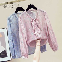 Elegant Ruffled Lace-up Chiffon Shirt Women's Long Sleeve Korean Style Sweet V-neck Shirt Floral Blouse Blusas 11146 210528