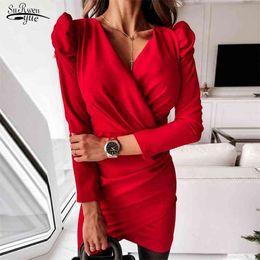 Spring Summer Office Lady Party Dress Puff Sleeve Pleated Women Bodycon V-neck Sexy es Female Femme Robe 12834 210521