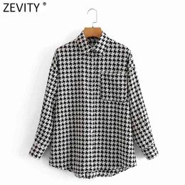 Women Simply Black Houndstooth Print Blouse Ladies Long Sleeve Pocket Shirt Chic Femme Breasted Blusas Tops LS7498 210416