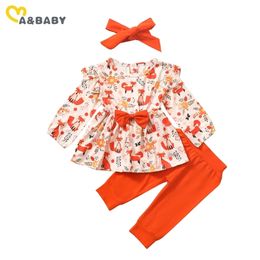 6M-4Y Spring Autumn Infant Toddler Baby Kid Girl Clothes Set Cartoon Ruffles Bow Long Sleeve Tunic Pants Outfits 210515