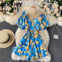 Women Retro Print Jumpsuits Korean Chic Square Collar Puff Sleeve Sashes Rompers Summer Elegant Holiday Beach Rompers 210715