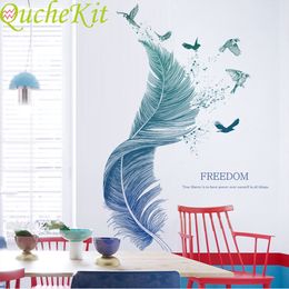 Blue Feather Birds Wall Stickers Living Bedroom Decorations Plume Self-adhesive Wall Sitcker Mural Arts Poster PVC Home Decals