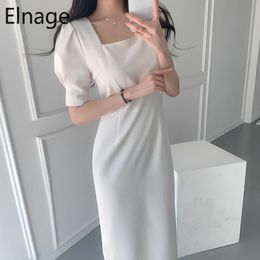Korean Style Chic Slim Square Collar Pleated Bubble Short Sleeve Wrap Hips Dress Women A Line Long Summer Dresses White 5B284 210429