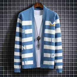 Stripe Contrast Mens Sweaters Sweter De Hombre Fashion Cardigan Stand Collar Sweater Vetement Homme Men Clothing 210918