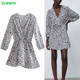 VUWWYV White Black Print Mini Dress Women Summer Chic Ruffle Party Woman Long Sleeve Elastic Waist Short Vestidos 210430