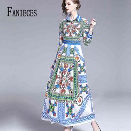 FANIECES Fashion Runway Designer Summer Autumn Dress Women Floral Print Pleated Vintage Maxi Dresses vestidos de verano 210520