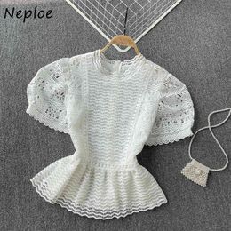 Neploe Elegant Lace Hook Flower Ruffles Blouse Women O Neck Pullover Short Sleeve Slim Waist Blusas Summer Shirt Femme 210510