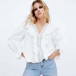 White Cotton Blouses Shirt Women 2021 Vintage Ruffles Boho V Neck Long Sleeve Splic Lace Blouse Autumn Ladies Tops Blusa Women's & Shirts