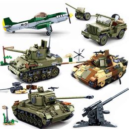 Military Panzer Tank Aircraft Building Blocks Armoured Car German Army Vehicle WW2 World War II I Bomber Model Educational Toys Y1130