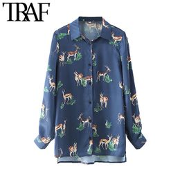 TRAF Women Fashion Animal Print Asymmetrical Blouses Vintage Long Sleeve Side Vents Female Shirts Blusas Chic Tops 210415