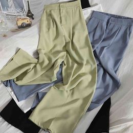 elastic waist gentle suit pants solid Colour Korean straight Office Lady thin wide-leg casual women 210420