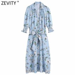 Zevity Women Vintage Flower Print Striped Sashes Shirt Dress Office Lady Chic Pleat Puff Sleeve Breasted Midi Vestido DS8242 210603