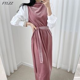 Spring Autumn Office Lady Patchwork Long Dress Vintage Stand Collar Sash Tie Up Elegant Velvet 210423