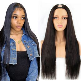 24 inch virgin indian hair Canada - Mongolian U Part Wigs Straight Human Hair For Woman Remy Middle U-Shape Natural Color Wig Glueless